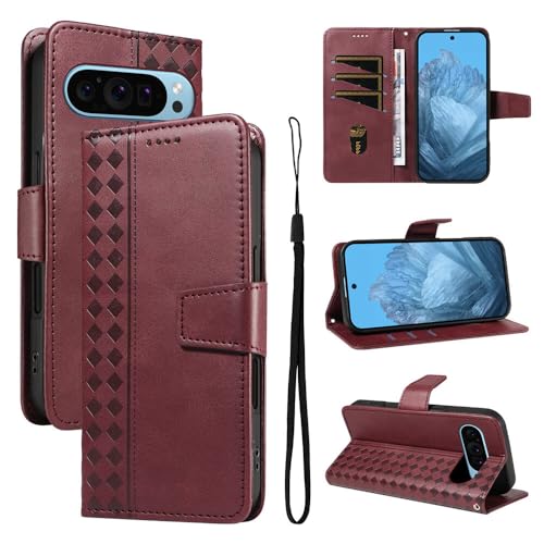 Étui portefeuille rouge pour Google Pixel 7 avec fermeture magnétique latérale en cuir