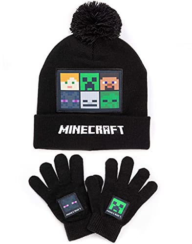 Minecraft Bobble Hat Gloves Scarf Set Kids | Boys Girls Black Knitted Beanie Hand Warmer One Size | Creeper Steve Skeleton Characters | Game Gift Merchandise2