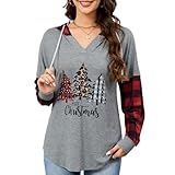 Quatrefox Merry Christmas Plaid Tree Splicing Hoodie Shirt for Women Christmas Loose Fit Color Block Holiday Sweatshirt Tops Red+Black L