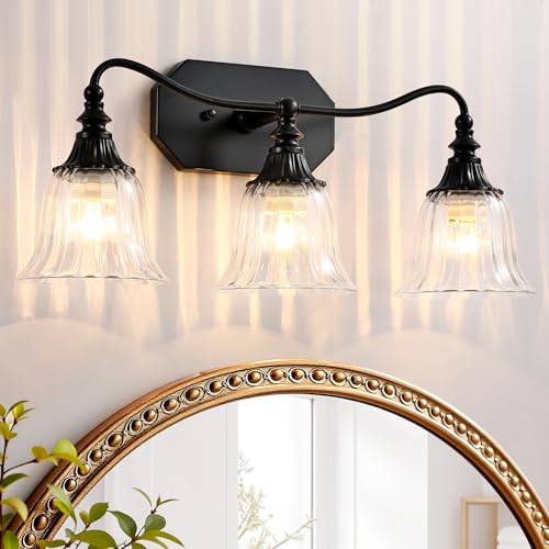 Image of LmnLvn 3-Light Bathroom Vanity Light, Matte Black with Crystal Glass Shade