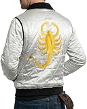 EASTIFIED Men's Drive Ryan Gosling Satin White Golden Embroidered Scorpion Quilted Lightweight Warm Windbreaker Bomber Jacket (Large)