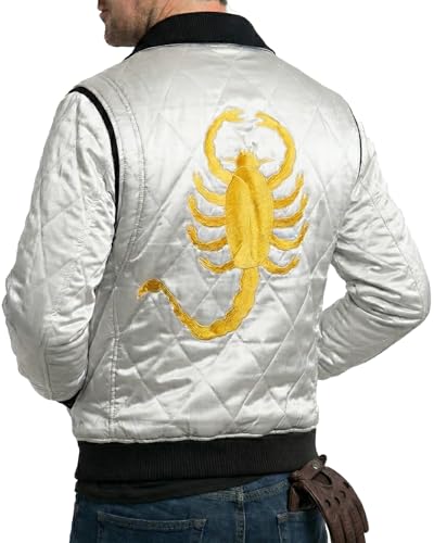 EASTIFIED Men's Drive Ryan Gosling Satin White Golden Embroidered Scorpion Quilted Lightweight Warm Windbreaker Bomber Jacket (Large)