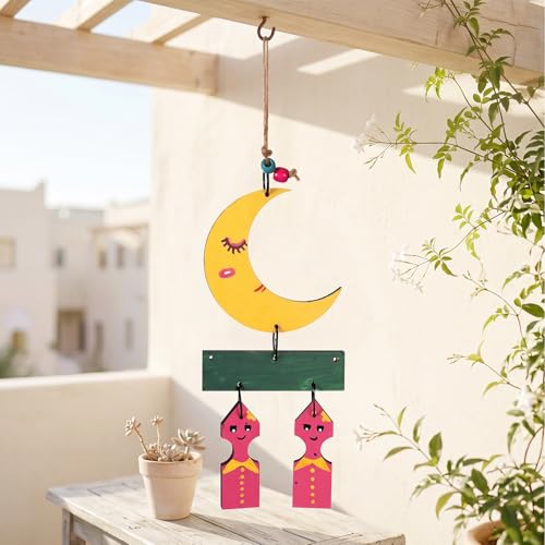 Image of Aakriti Art Creations Moony Brothers Wind Chime Multicolor | Handmade Wooden & Metal Windchimes for Home | Decorative Wind Chimes for Balcony, Garden, Living Room | Feng Shui Wind Chime Decor