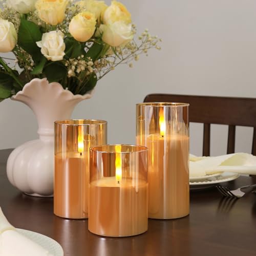 Credtarnos LZD-003 Flameless Candles With Remote And Timer, Battery Operated Candles, Led Electric Pillar Candles, Gold Glass Flickering Flameless Candles For Christmas Home Wedding Birthday Farmhouse Decor thumb #3