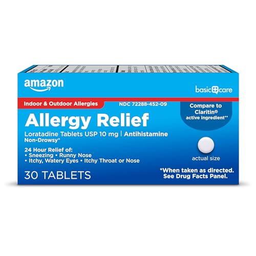 Amazon Basic Care Allergy Relief Loratadine Tablets 10 mg 24-Hour Non-Drowsy Antihistamine for Sneezing Runny Nose Itchy Eyes Hay Fever 30 Count