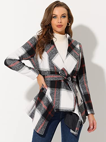 Allegra K Women's Turn Down Collar Asymmetric Hem Thin Plaids Wrap Coat2
