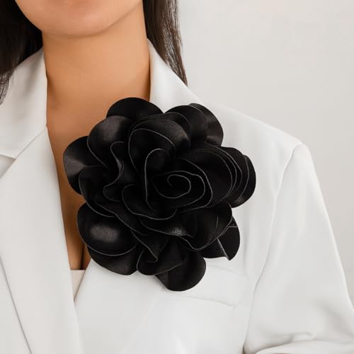 Image of Flower Pins Large Flower Brooches Dainty Satin Fabric Rose Flower Brooches Lapel Pins Delicate Elegant Silk Camellia Flower Oversized Brooch Pin for Women Wedding Part Dance Dress Suit Clothes Accessories Prom Jewelry Gifts