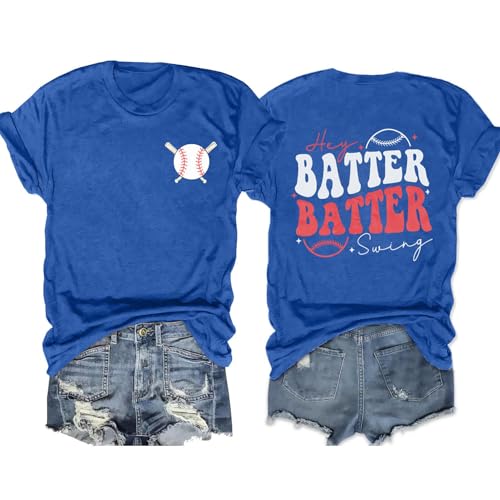 Baseball Game Day Shirt Women Funny Baseball Mom Hey Batter Batter Swing T-Shirt Tee Sports Casual Short Sleeve Tops-Blue XL