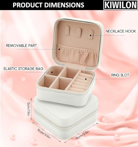 Image of Travel Jewelry Organizer Box for Women - 14 Slots Portable Jewellery Storage Case with Ring Holder & Necklace Hooks | Compact PU Leather Vanity Organizer for Earrings, Rings, Chains (White)