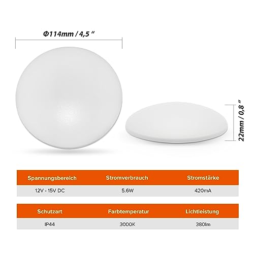 Dream lighting LED 12v Lampen Deckenlampe Wohnwagen Wohnmobile Innen Beleuchtung IP44 380LM 3000K 12 Volt Leuchte 2Stück