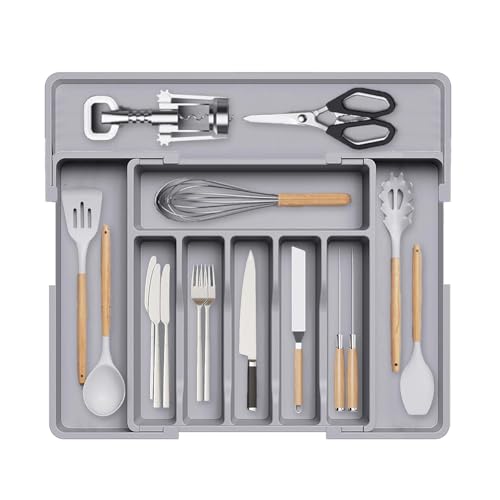 Wnddle Cutlery Tray for Drawer, Cutlery Rack, Extendable Utensil Tray for Drawer, Compact Plastic Cutlery Storage for Kitchen, Cutlery and Spoons (Grey)