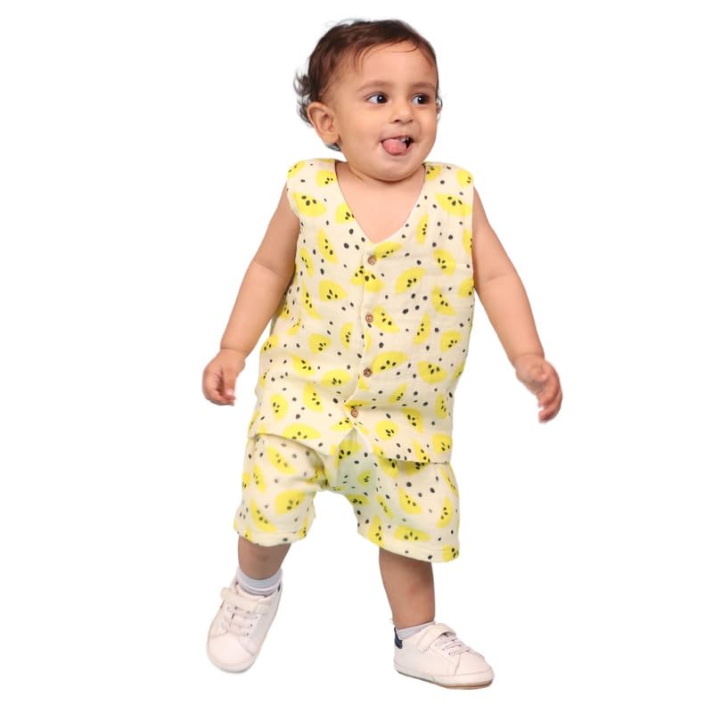 Mama & Peaches 100% Cotton Muslin Jhabla Top with Shorts, Yellow lemons-image-5