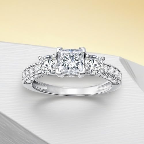 Blocaci Princess Cut Engagement Rings for Women Platinum Plated Silver 1-3/4 Carat(ctw) 3 Stone Moissanite Engagement Rings Vintage Women's Promise Ring3