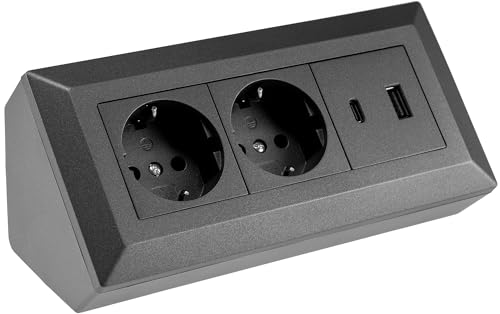 ChiliTec Steckdosenblock Ecksteckdose 2-Fach Steckdose USB-A USB-C PD Mehrfachstecksose für Küche Büro Werkstatt Anthrazit
