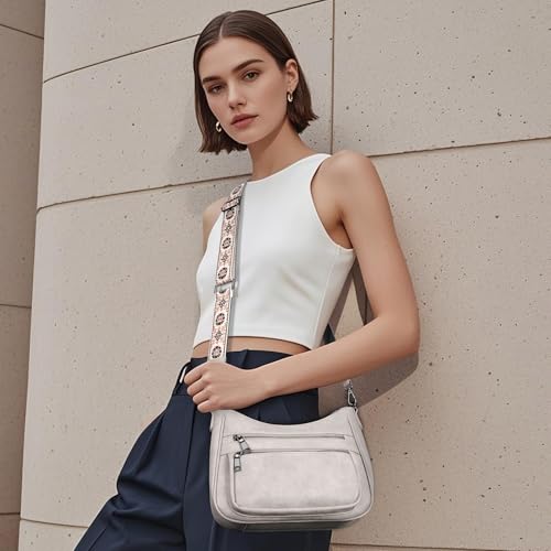 Image of KITEVIUN Crossbody Bags for Women Leather Purse Trendy Multi Pocket Shoulder Handbags with Adjustable Guitar Strap