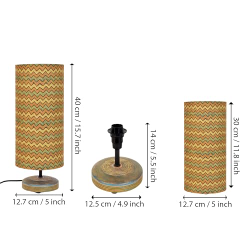 Image of Amazon Basics Tarang Zigzag Table Lamp | Hand-Painted Mango Wood Base with Printed Polyester Shade | E14 Holder | Decorative Night Lamp for Bedroom, Living Room & Study Room | Home Decor Gift