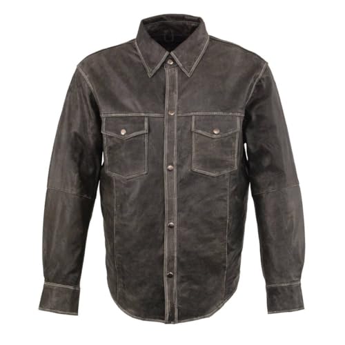 Milwaukee Leather MLM1605 Men's 'Button Down' Distressed Grey Lightweight Casual Biker Leather Shirt - 2X-Large