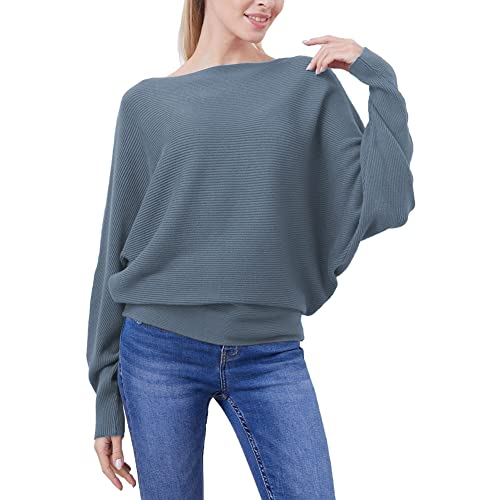 Image of FULIER Women Oversized Boat Neck Batwing Sleeves Dolman Knitted Sweaters Lightweight Pullovers Tops One Size