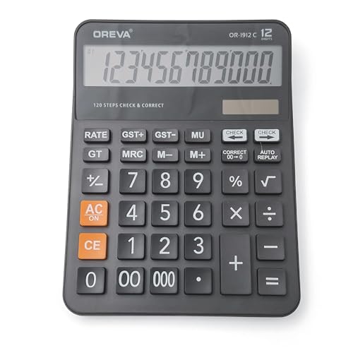 Image of Oreva OR-1912-C Solar & Battery Calculator Desktop | Financial Office Computer Calculators Large Display | Standard Function | Big Sensitive Button - Dark Grey