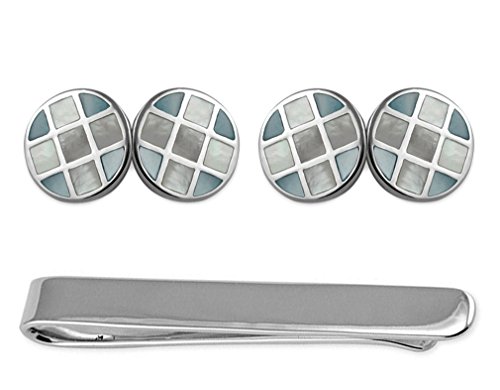 Plata de ley con nácar azul en set de gemelos y corbata