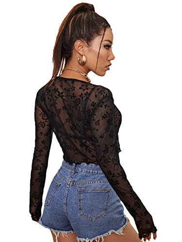 Floerns Women's Sheer Mesh Long Sleeve Open Front Self Tie Crop Top Without Bra Black M - Image 3