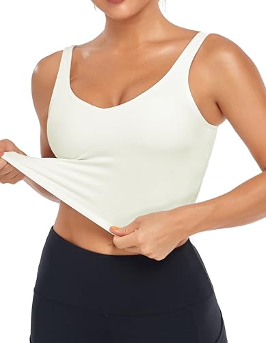 Image of Oalka Sports Bra Womens Longline Padded Crop Yoga Tank Tops | Built in Bras, Workout, Athletic, Fitness, Super Soft, Comfort, Cropped Top, Removable Pads, Heart Neckline For Women