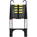 BOCOM 12.5 FT Aluminum Telescoping Ladder with Hooks, Lightweight Multi-Purpose Collapsible Extension with 2 Triangle Stabilizers, Heavy Duty 330 lbs Max Capacity for Home, RV, and Outdoor Work Black