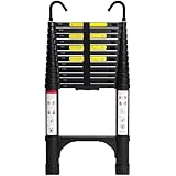 BOCOM 12.5 FT Aluminum Telescoping Ladder with Hooks, Lightweight Multi-Purpose Collapsible Extension with 2 Triangle Stabilizers, Heavy Duty 330 lbs Max Capacity for Home, RV, and Outdoor Work Black