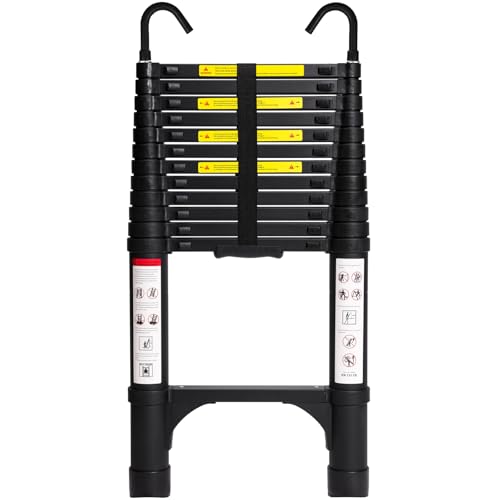 BOCOM 12.5 FT Aluminum Telescoping Ladder with Hooks Lightweight Multi-Purpose Collapsible Extension with 2 Triangle Stabilizers Heavy Duty 330 lbs Max Capacity for Home RV and Outdoor Work Black