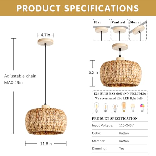 Mgcanyu Boho Pendant Lights Kitchen Island, 11.8" Bohemian Rattan Hand-Woven Light Fixture Natural Seagrass Weaving Lighting Hanging Ceiling Chandelier for Restaurants Living Dining Room Farmhouse - Image 5