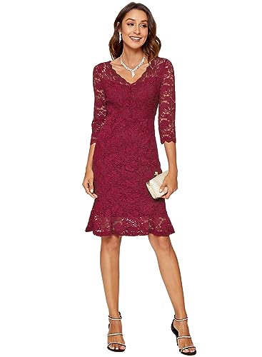 Image of Atnlewhi Womens 3 /4 Sleeve Slim Fit Lace Cocktail Dresses Party Wedding Guest V Neck Formal Evening Bodycon Dress