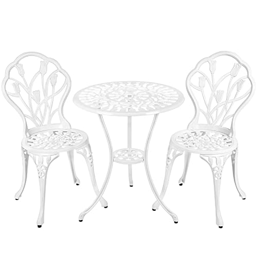 ガーデンテーブルセット ガーデン3点セット アルミ鋳物ガーデンテーブル3点セット ガーデンテーブル1台+ガーデンチェア2脚 ガーデン用テーブルとイス ガーデンファニチャー チューリップデザイン 防水 ガーデンチェア アウトドア 庭 バルコニー テラス 軽量 簡単な組み立(白) 1枚目