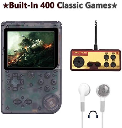 AKTOUGST Handheld Game Console, Retro Game Console 400 Classic Game FC System Video 3 Inch with Headphone Portable Mini Extra Controller Support TV 2 Player,Gift for Child Adult, (Transparent Black)