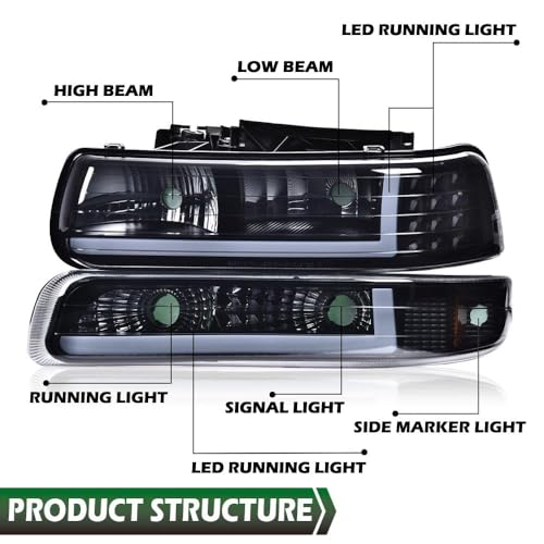 Image of GRAND ORANGE Headlight Assembly Compatible with Chevy Silverado 1500 2500 1999-2002, Fit Suburban 1500 2500 Tahoe 2000-2006 GM2502187, GM2503187, 16526134, 16526133 Smoky lens Black Housing