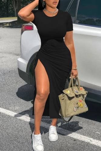 Nimsruc Women Sexy Summer Dresses Short Sleeve Thigh-high Slit Ruched Bodycon Maxi Club Cocktail Party Dress3