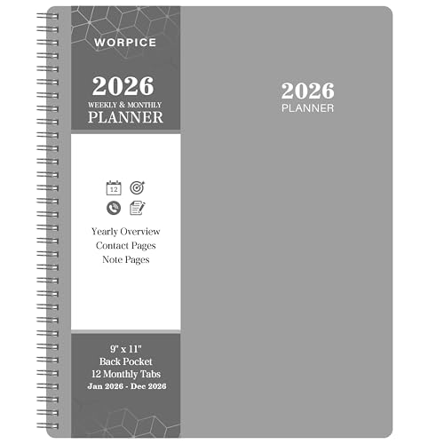 2026 Planner - Weekly and Monthly Planner 2026, 9” × 11”, from JAN. 2026 to DEC. 2026, Inner Pocket, Premium Paper, Twin-wire Binding, Make Life Productive - Gray