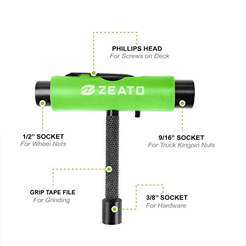 Zeato Todo-en-Uno Herramienta de Skate Tool Accesorio Multifunción Ligera y Portátil con Llave Allen 2-en-1 y Destornillador Phillips - Destornillador con Patines, Longboards, Actualización-Verde