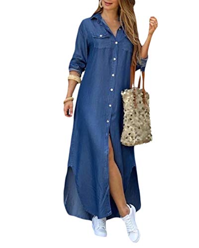 RkBao Women's Pattern Print Long Sleeve Button Down Side Slit Shirts Dress Denim Blue XL