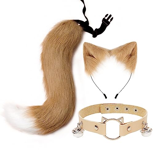 Tail and Ears Set Long Fox Tail Cosplay Faux Fur Furry Fox Wolf Tail Kit with Ears and Bells Collar for Anime Fancy Dress Party Halloween Christmas Dress Up Carnival Role Play