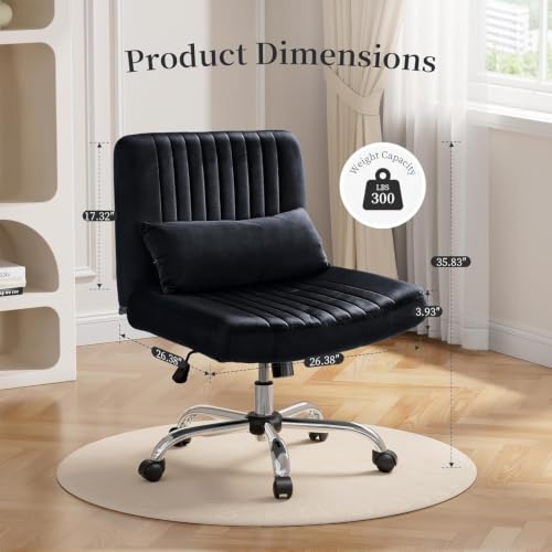 Image of Velvet Criss Cross Desk Chair with Wheels, Luxury Cross Legged Office Office, Swivel Wide Seat Vanity Chair, Armless Adjustable Height Gaming Chair Gift, Dusty (1, Deep Black)