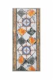 DESIGN: Motivo decorativo multicolore con rombi e medaglioni in stile classico mediterraneo, con tonalità di arancione, verde e blu.