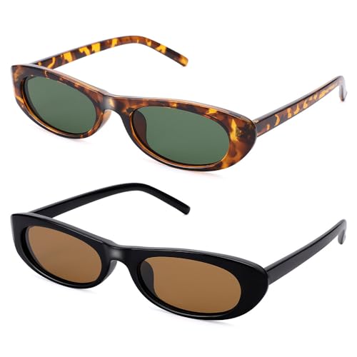 SCVGVER Oval Sunglasses for Women Men, 90s Skinny Sun Glasses, Tiny Retro Shades, UV400 Protection