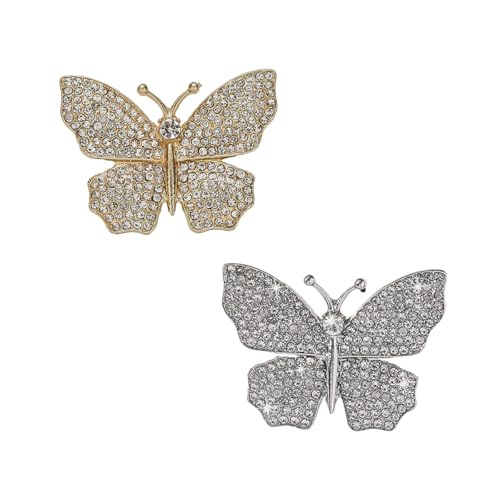 Rhinestone Butterfly Brooch Pin for Women Unisex Clear Crystal Cluster Fashion Animal Brooches Lapel Pins Dress Accessories Birthday Christmas Party Delicate Dainty Jewelry (2 Pieces Gold/Silver)