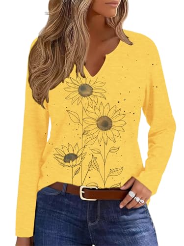 Womens V-Neck Long Sleeve T-Shirt Flower Graphic Tees Fall Fashion Boho Tops Tshirts Loose Casual Western Country T Shirts