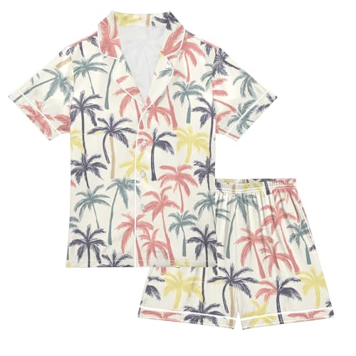 Palm Trees Colorful Prints Summer Satin Pajama Set, Cute Button-Down Sleepwear Pj Set for Sleep Wears