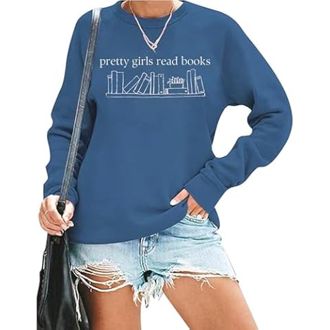 QICAISH Pretty Girls Read Books Sweatshirt Women Funny Reading Book Long Sleeve Shirt Book Lovers Gift Pullover Tops Blue Cover