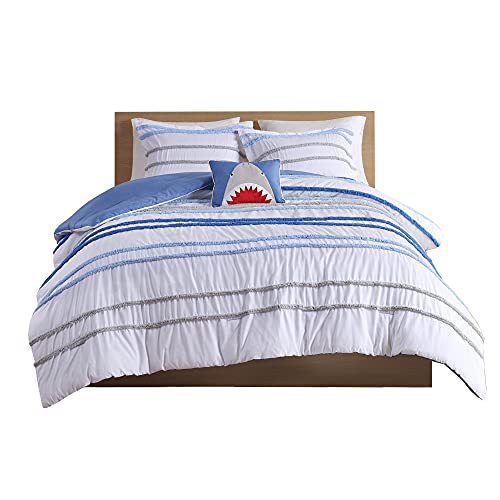 Comfort Spaces Marlo Cotton Comforter Set - Vibrant Color And Adorable Print, Cozy Bedding With Matching Shams, Decorative Pillow, Chenille Stripes Blue, Full/Queen 4 Piece #TOP7