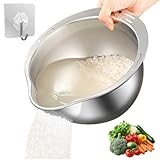 Reis Waschschüssel, Edelstahl Reissieb mit Ausgießer Abtropfsieb Multifunktionales Reiswaschschüssel zum Waschen & Abtropfen von Quinoa Obst Gemüse Getreide Bohnen (Silber)