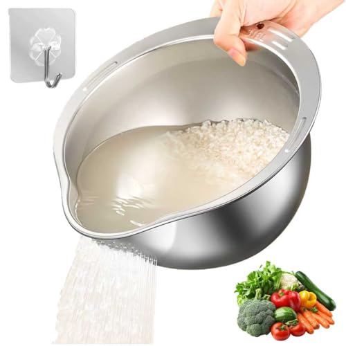 Cuenco de arroz, colador de arroz de acero inoxidable con vertedor, colador de goteo multifuncional para lavar y escurrir quinua, frutas, verduras, cereales, frijoles (plata)