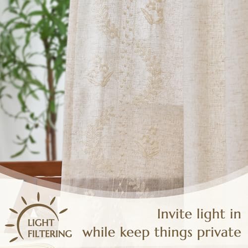 Image of jinchan Floral Linen Curtains 108 Inch Farmhouse Back Tab 2 Panels